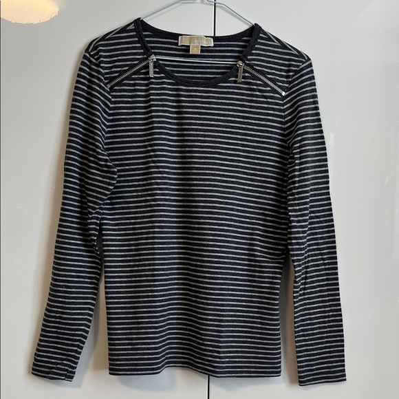 Michael Kors Tops - MICHAEL KORS Cotton Striped Grey Long Sleeve Top Silver Zipper Detail, Size M
